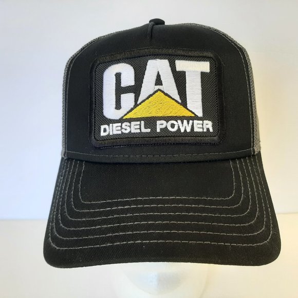 CAT Caterpillar Embroidered Patch Trucker Mesh Snapback Cap Hat Black & Gray - Picture 2 of 4